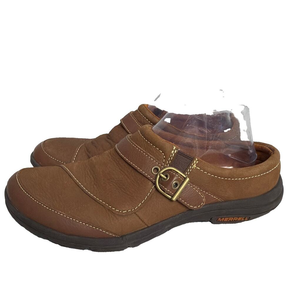 Merrell Dassie Women’s Oak Brown Leather Slip On Mule Clogs Shoes Sz 9 Buckle